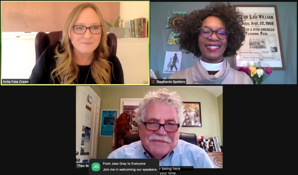 Screenshot of Let's Talk Climate episode speakers, Anita Fete Crews, the Rev. Canon Stephanie Spellers, and Theo Brown.