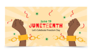 Hands of black person moving away from each other breaking chains with words: June 19, Juneteenth, Let's Celebrate Freedom Day"