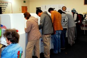 Several people in voting booths voting.