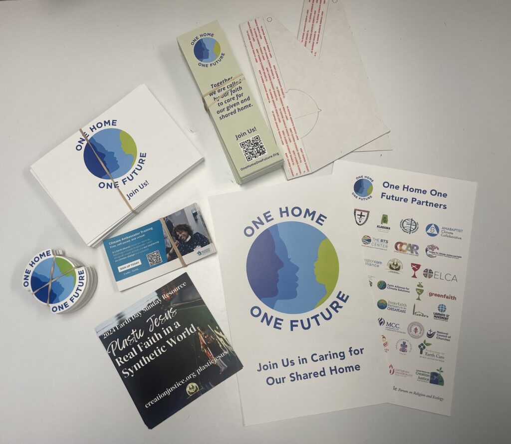 Contents of One Home One Future Earth Day Tabling kit that includes bookmarks, postcards, stickers and more.